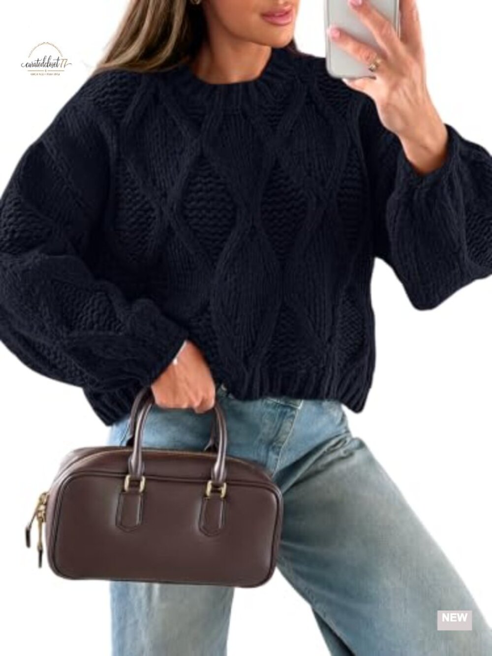 Cropped Cable Knit Pullover Sweater Oversized Long Sleeve Crew Neck
